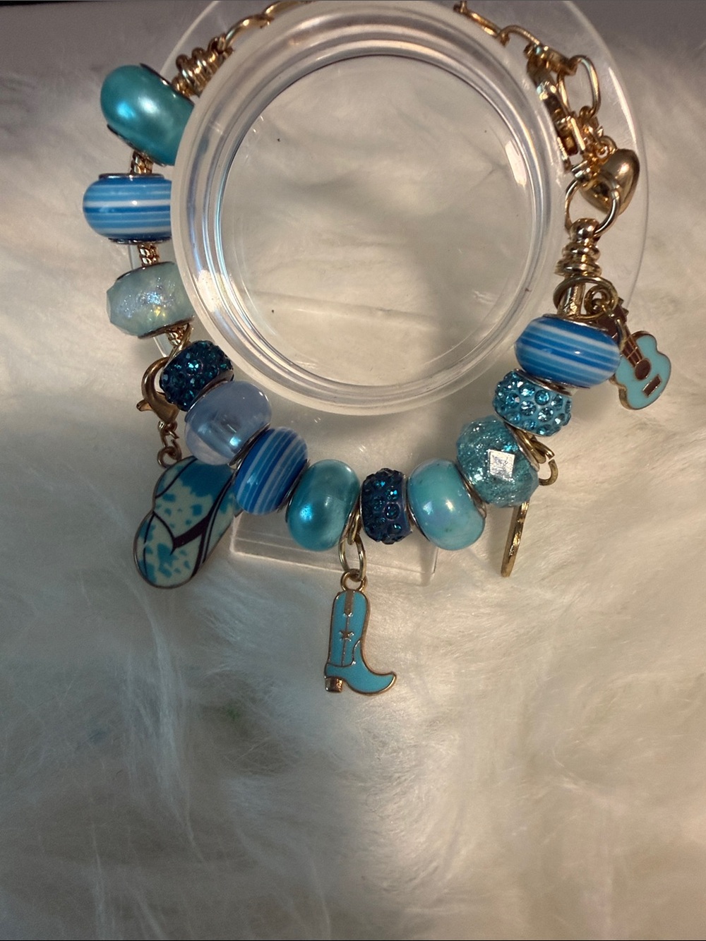 Blue Beaded Charm Bracelet with Cowboy Boot and Flip-Flop Charms